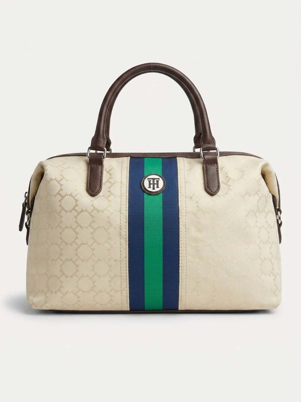 Tommy Hilfiger Jaden Monogram Satchel Bag Light Stone Navy Green